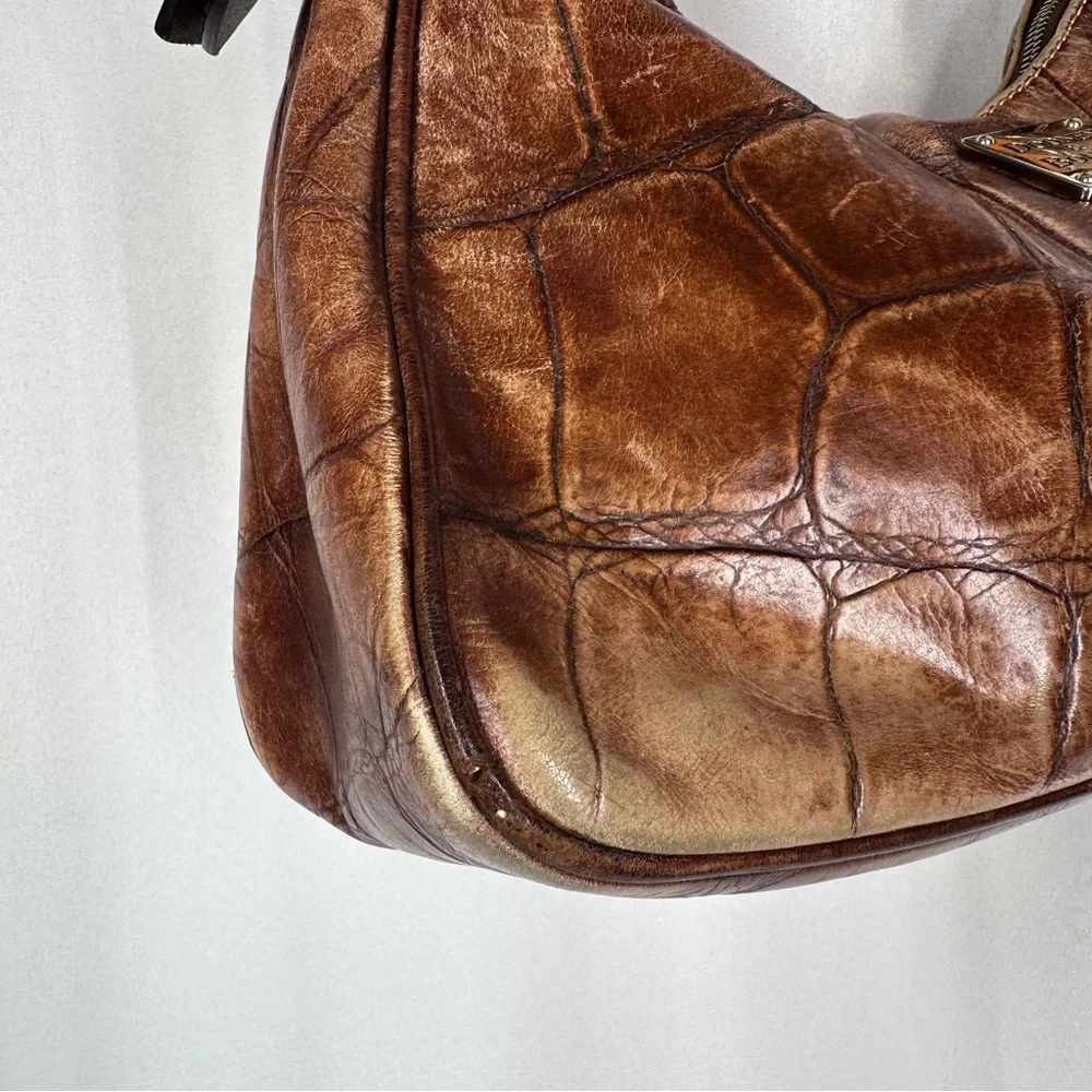 Dooney & Bourke Croc Embossed Leather Shoulder Bag Brown Hobo Purse